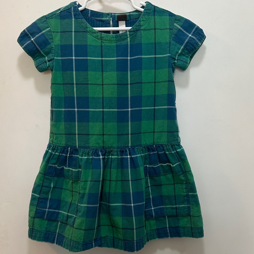 Tea Collection Plaid Green and Blue Kids Dress With Pockets Size 5